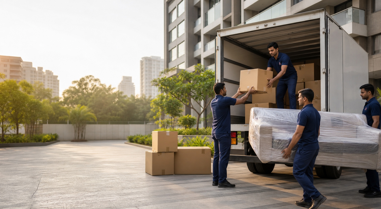 Professional moving team loading packed belongings outside a Mumbai apartment